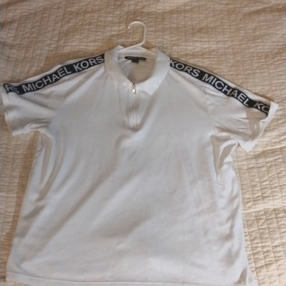 Micheal Kors Half Zip Shirt,Large,White with Black Tag running down shoulders